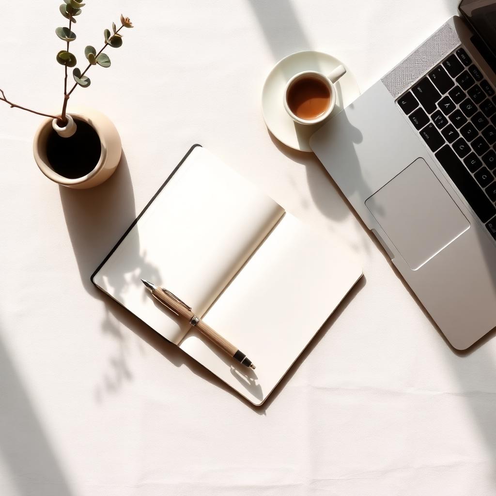Notebook and coffee on a bright desk